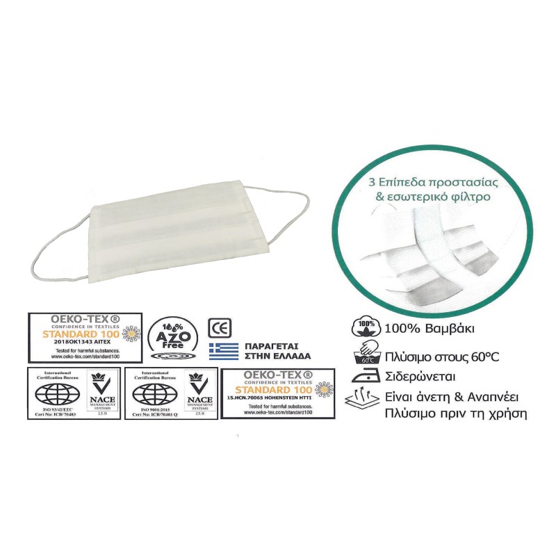 Πλενόμενη Βαμβακερή Μάσκα Προστασίας  Τριών Επιπέδων με ενσωματωμένο εσωτερικό φίλτρο και ελαστικό έλασμα   - Ελληνικής Κατασκευής  - White